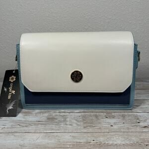 Angel Kiss Purse 10" Blue Leather Structured Colorblock Crossbody Shoulder Strap
